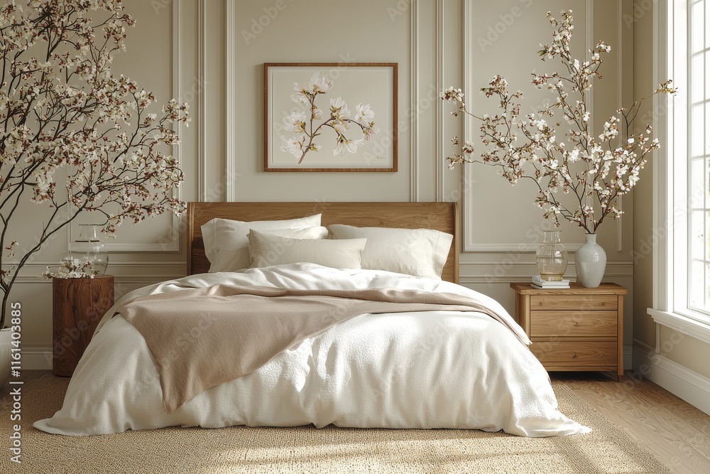 Flowers placed on a wooden stool and pouf in a white bedroom interior, with posters above the bed. This is a real photo Flowers placed on a wooden stool and pouf in a white bedroom interior, with posters above the bed. This is a real photo