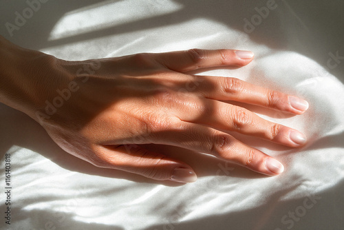 Gentle hand resting in soft sunlight on a white fabric.