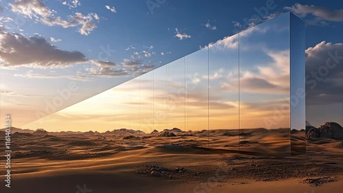 Mirrored wall like building stretching like a line through desert sand dunes in the middle east at sunset.