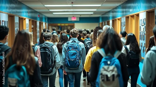 Tracking teenagers from behind as they walk in slow motion down a crowded high school hallway before the start of class. For back to school themed information.