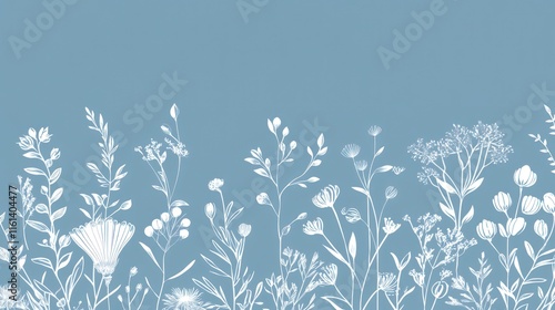 White wildflowers on a blue background, seamless pattern.