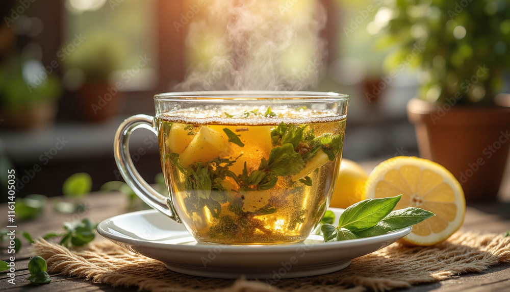 Steaming herbal tea with fresh lemon slices and herbs in cozy kitchen setting, evoking warmth and serenity with diffused morning light, demonstrating a Zen Tea Ceremony ambiance