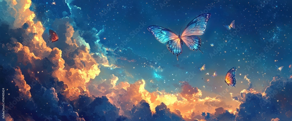 Fototapeta premium Magical butterflies soar through a vibrant sunset sky filled with fluffy clouds and sparkling stars.