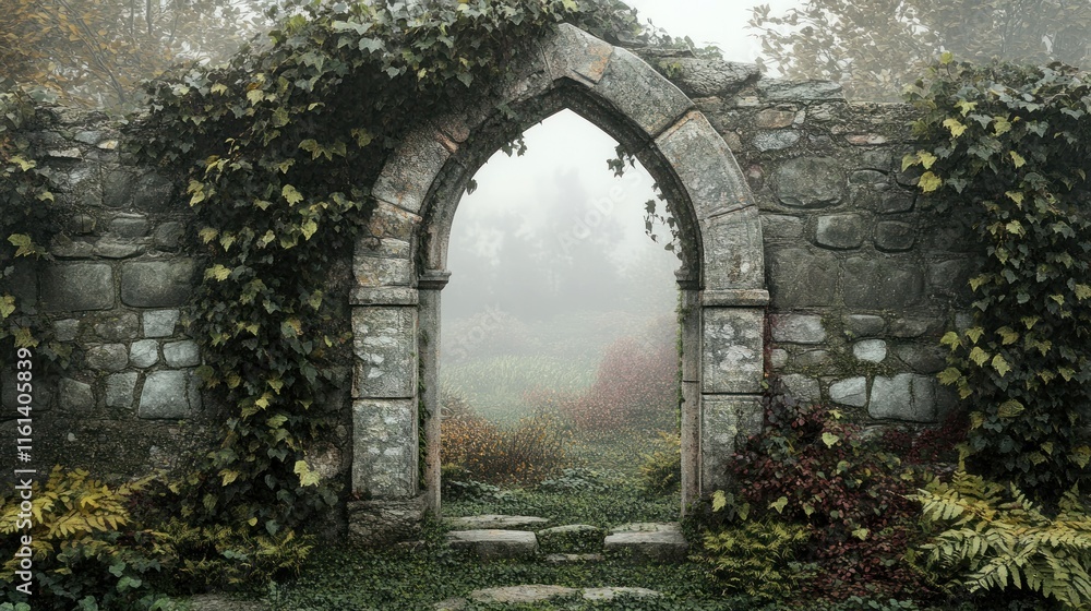 Mystical stone archway overgrown with ivy, leading to a foggy autumn garden. Mystical stone archway overgrown with ivy, leading to a foggy autumn garden.