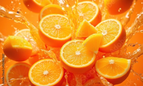 Fresh oranges splashing in vibrant juice photo