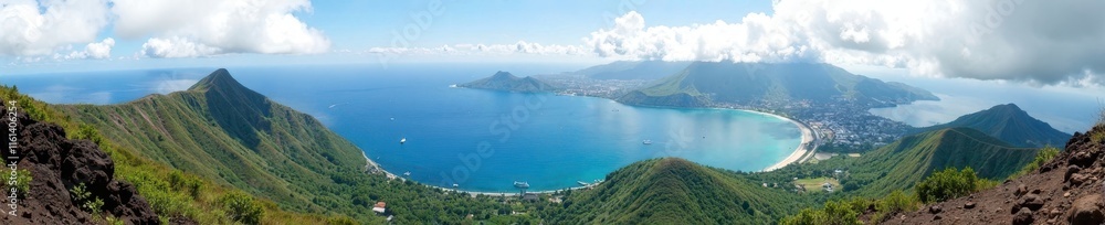 Panoramic view of San Jorge Island from Pico Island's summit, island, scenery Panoramic view of San Jorge Island from Pico Island's summit, island, scenery