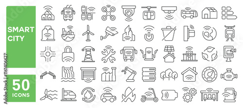 Set of 50 line icons related to smart city, eco, town, tech, digital, urban, efficiency, network, communication, sustainable, wireless, infrastructure, Editable stroke. Vector illustration