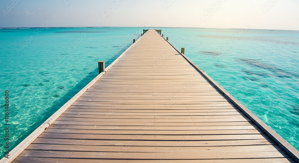 Obraz premium Tranquil turquoise water meets a wooden pier. Tropical beach vacation paradise. Calm blue ocean.