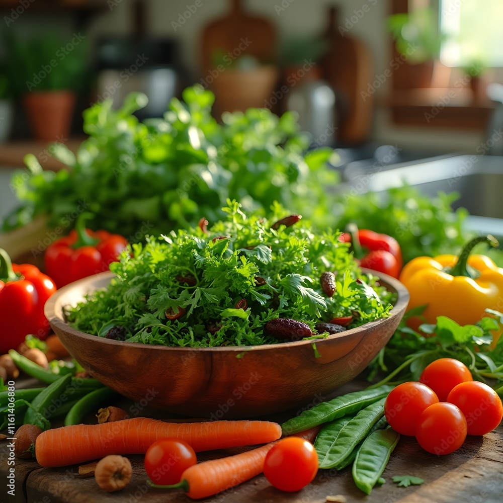 Vibrant Organic Mixed Greens Salad in Rustic Wooden Bowl with Colorful Vegetables, Cherry Tomatoes, Carrots, Bell Peppers, Snap Peas Vibrant Organic Mixed Greens Salad in Rustic Wooden Bowl with Colorful Vegetables, Cherry Tomatoes, Carrots, Bell Peppers, Snap Peas