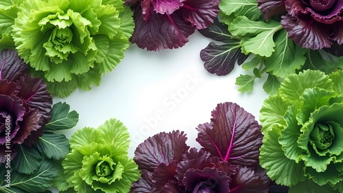 Vibrant Green and Purple Lettuce Leaves Flat Lay, Dreamy Digital Painting of Isolated Kale and Cabbage photo