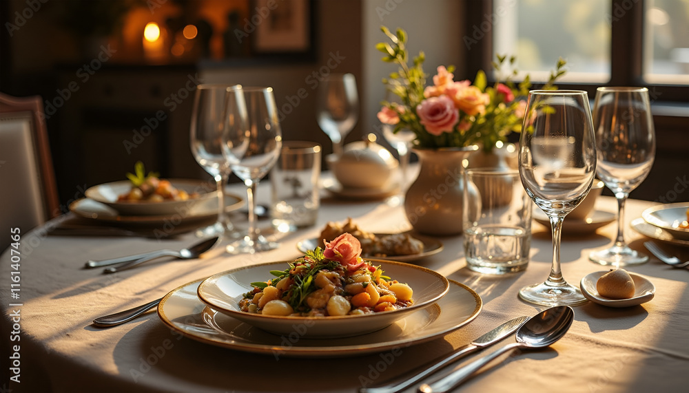 Elegant Gourmet Table Setting with Crystal & Silverware Elegant Gourmet Table Setting with Crystal & Silverware
