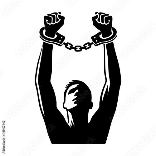 Silhouette of a handcuffed man raising his arms with clenched fists, symbolizing protest, struggle for freedom and fight against oppression
