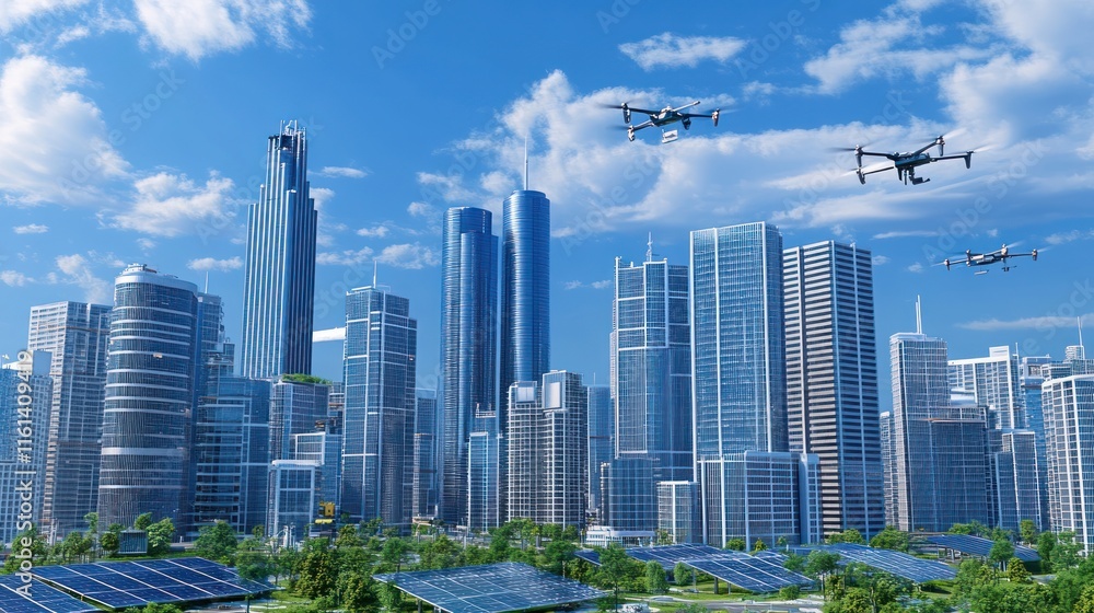 Drones flying over a modern city with solar panels. Drones flying over a modern city with solar panels.