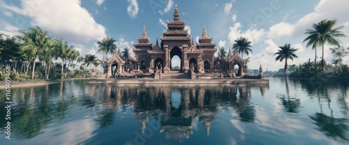 Tranquil Asian temple reflected in calm water, surrounded by lush tropical vegetation.