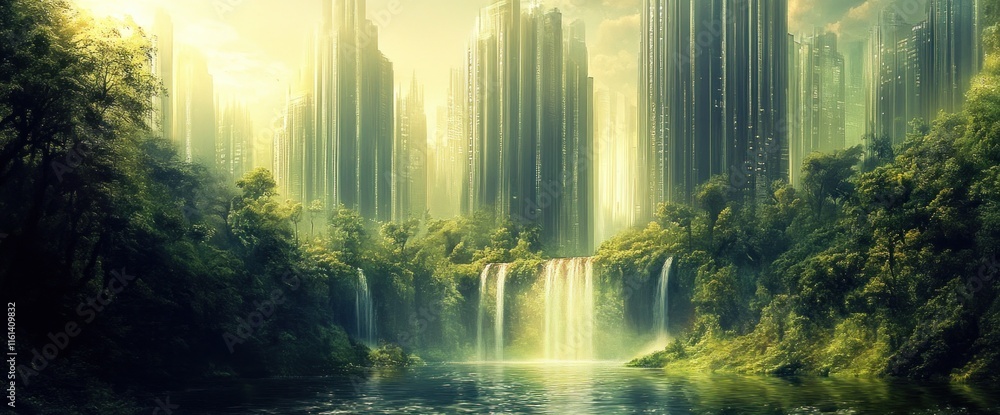 Fototapeta premium Lush jungle waterfall cascading in front of a futuristic city skyline.