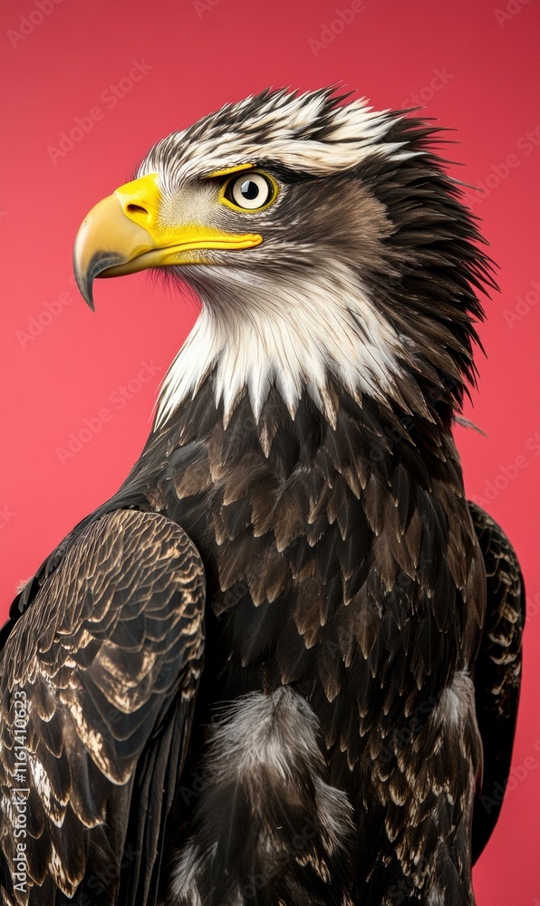 Fototapeta premium Majestic bird of prey with dark feathers and a striking yellow beak. AI.