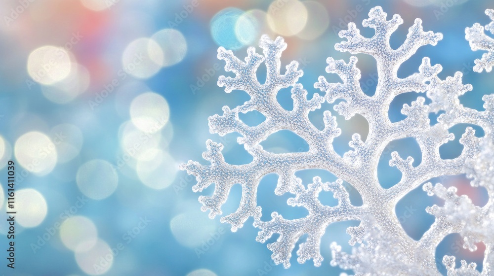 Close-up of a delicate, white snowflake ornament against a blurred, pastel blue bokeh background. Close-up of a delicate, white snowflake ornament against a blurred, pastel blue bokeh background.