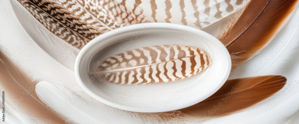 Single brown feather in a white bowl on a bed of feathers. Single brown feather in a white bowl on a bed of feathers.