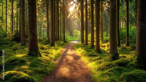 Wallpaper Mural Sunlit forest path with moss, trees, and a deer. Torontodigital.ca