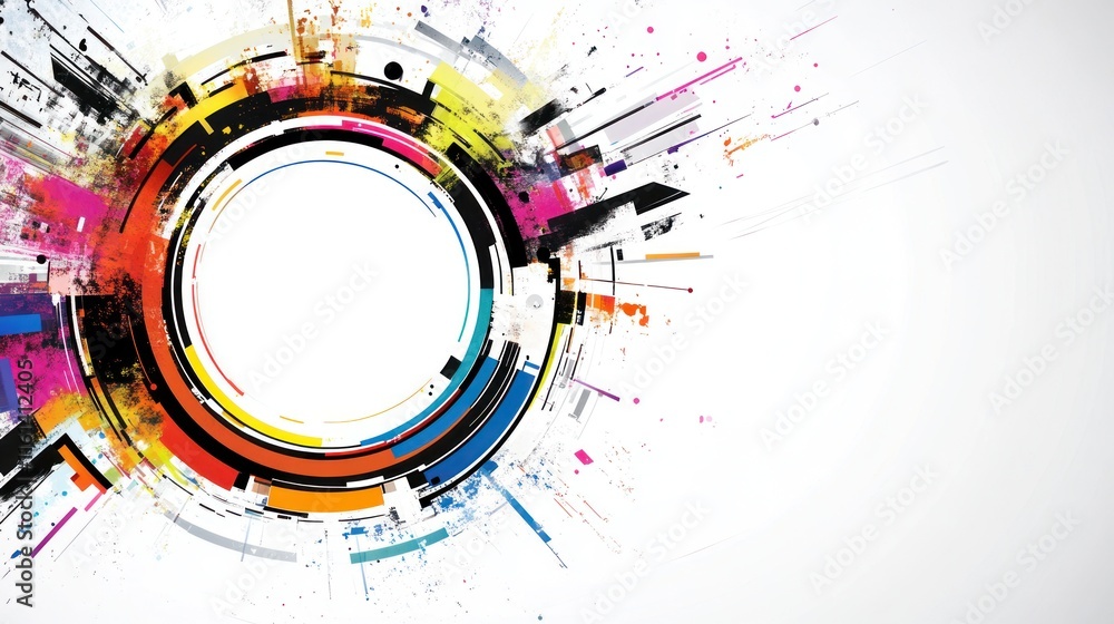 Abstract colorful circular design with grunge texture and white space in the center. Abstract colorful circular design with grunge texture and white space in the center.