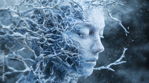 Surreal digital art of a human head composed of ice and tree branches symbolizing the intersection of nature aging and the frozen depths of memory. Frostline. Illustration photo