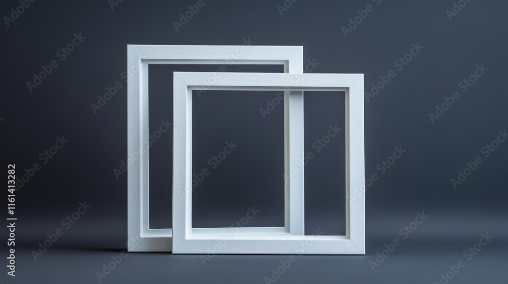 Two white square frames overlapping on dark background. Two white square frames overlapping on dark background.