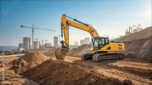 Wallpaper Mural Construction site with yellow excavator and tower cranes against urban skyline Torontodigital.ca