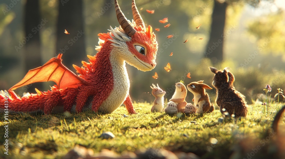 Fototapeta premium Friendly red dragon and bunnies in a sunlit forest.