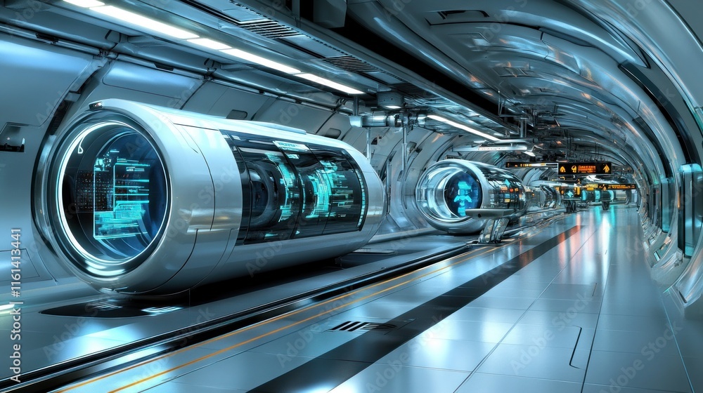 Fototapeta premium Futuristic spaceship interior corridor with advanced technology and glowing screens.