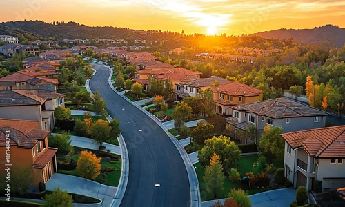 A scenic sunset over a suburban neighborhood with winding roads and lush greenery.