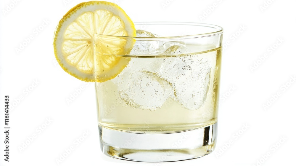 A refreshing drink with ice and a lemon slice. A refreshing drink with ice and a lemon slice.