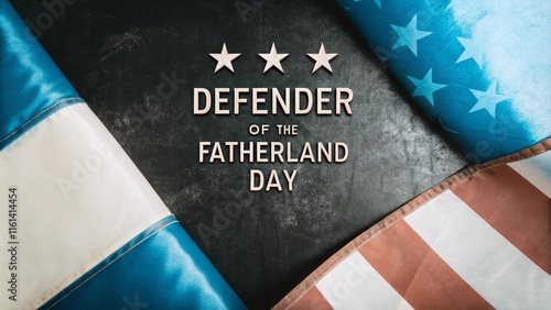 Defender of the fatherland day celebration with patriotic flags on textured background
