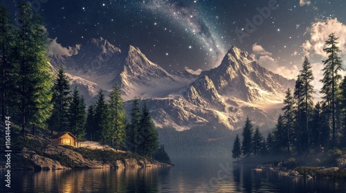 Fototapeta Naklejka Na Ścianę i Meble -  Serene mountain lake cabin under a starry night sky.