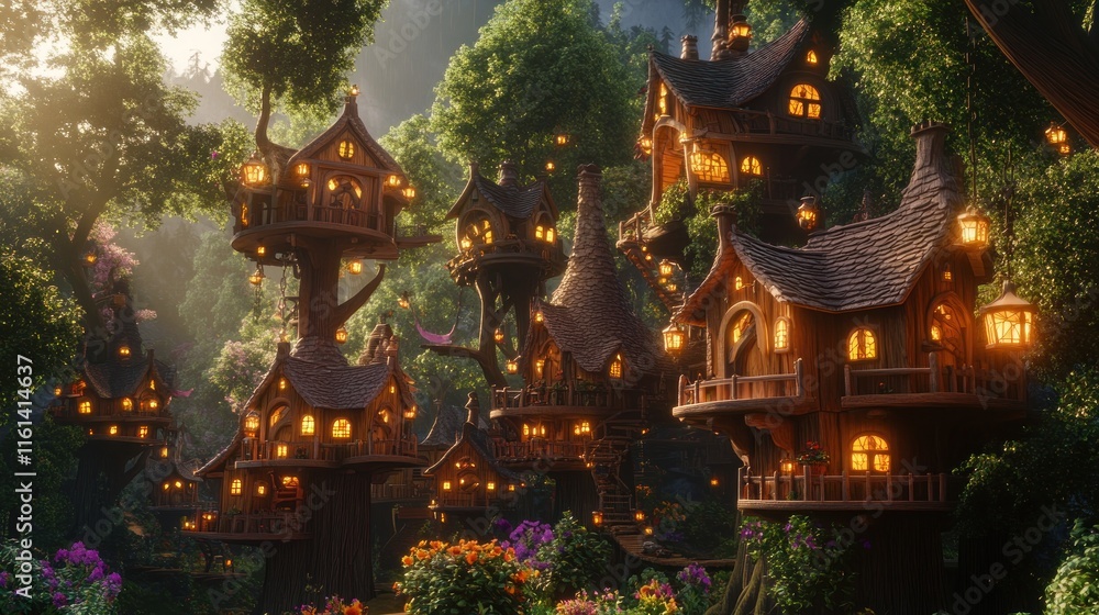 Fototapeta premium Enchanting treetop village nestled in a lush forest at sunset, illuminated by warm lights.