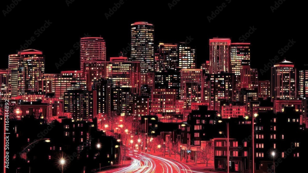 Fototapeta premium Night cityscape with red illuminated buildings and light trails on highway.