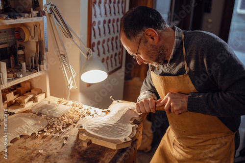 Italian violin maker crafting violin in cremona workshop