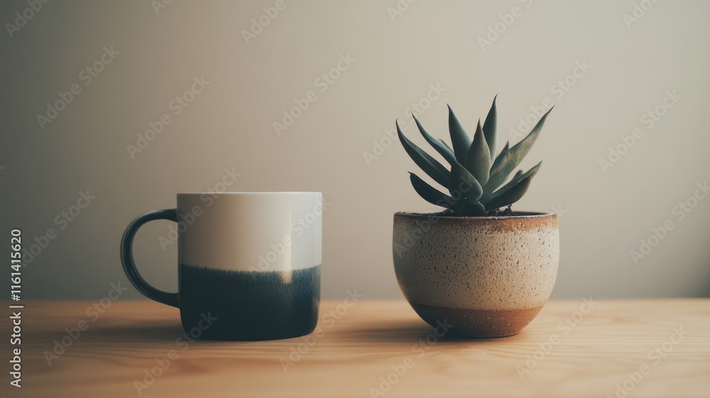 Simple scene of a coffee mug and succulent plant on a wooden table. Simple scene of a coffee mug and succulent plant on a wooden table.