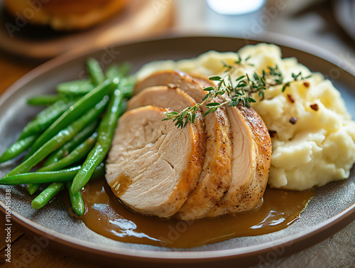Sliced turkey breast served with a rich gravy, mashed potatoes, and steamed green beans on a ceramic plate. A cozy dining atmosphere with soft golden lighting