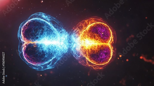 Two intertwining energy hearts, one icy blue and one fiery orange, forming an infinity symbol against a dark cosmic background. photo