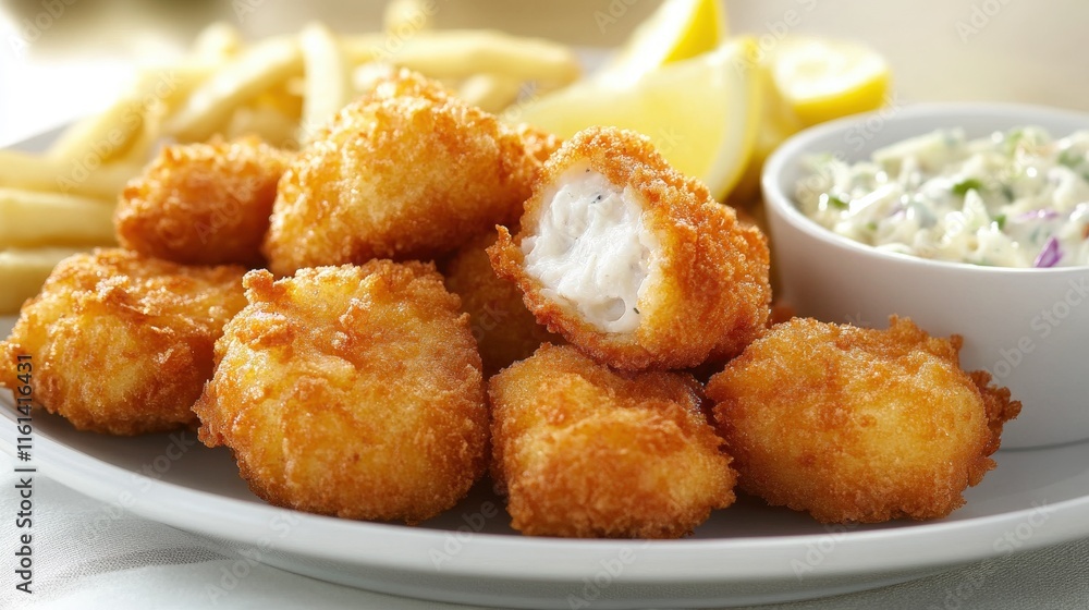 Golden Fried Fish Nuggets Served With Fries And Coleslaw Golden Fried Fish Nuggets Served With Fries And Coleslaw