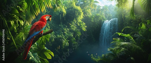 Wallpaper Mural Scarlet macaw perched on branch, lush rainforest waterfall background. Torontodigital.ca