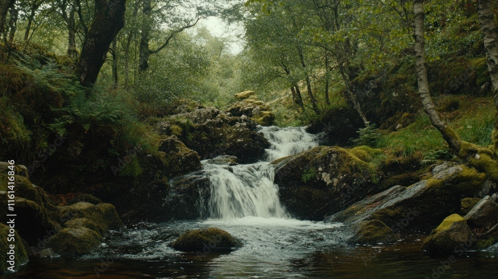 Serene waterfall cascading through lush forest, mossy rocks, tranquil nature scene. Serene waterfall cascading through lush forest, mossy rocks, tranquil nature scene.