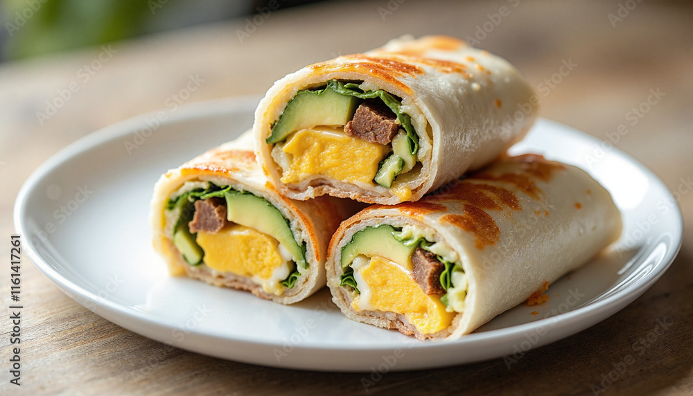 Sliced Breakfast Burritos Filled with Egg, Zucchini, and Greens on Elegant White Plate, Captured in Natural Light with Textured Wooden Background Sliced Breakfast Burritos Filled with Egg, Zucchini, and Greens on Elegant White Plate, Captured in Natural Light with Textured Wooden Background