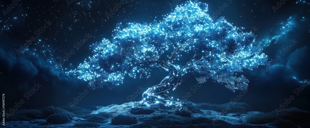Obraz premium Glowing blue tree at night, magical fantasy scene.