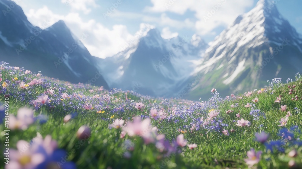 Vibrant wildflowers bloom in a lush alpine meadow, with majestic snow-capped mountains in the background under a bright, sunny sky. Vibrant wildflowers bloom in a lush alpine meadow, with majestic snow-capped mountains in the background under a bright, sunny sky.