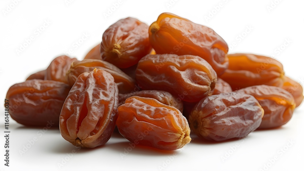 Golden Brown Dried Dates, Close-up Studio Shot of Wrinkled Dates on White Background Golden Brown Dried Dates, Close-up Studio Shot of Wrinkled Dates on White Background