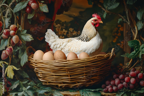 Basket of eggs with a chicken in a garden, illustrating poultry farming practices photo