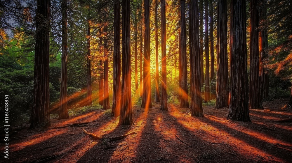 Obraz premium Enchanted redwood forest illuminated by golden sunlight at dusk