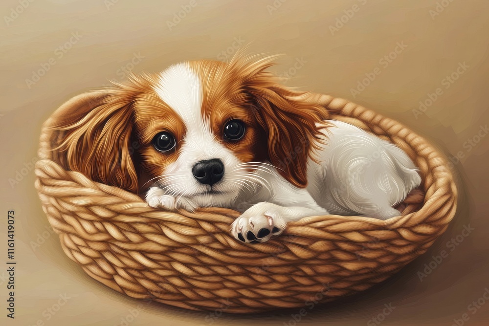 Adorable Cavalier King Charles Spaniel puppy resting in a cozy woven basket. Adorable Cavalier King Charles Spaniel puppy resting in a cozy woven basket.