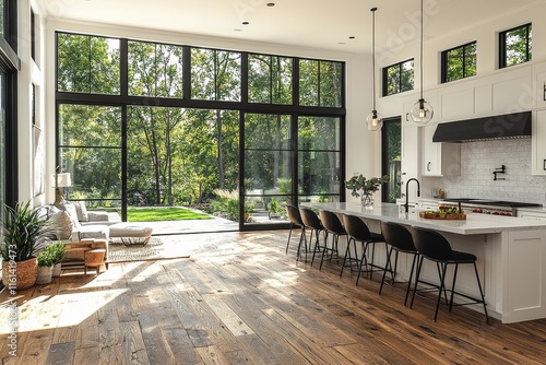 New luxury home showcases a seamless kitchen and living room area with an open concept layout, featuring a large island equipped with a farmhouse sink, hardwood flooring, and stair access to the